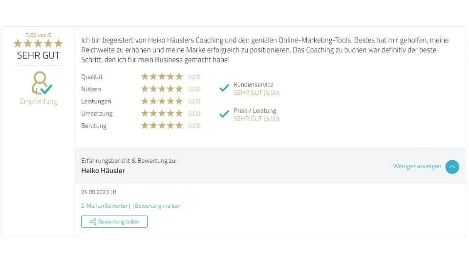 Proven Expert Testimonial Heiko Häusler Kajinga