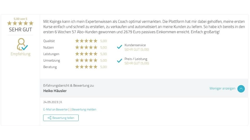 Proven Expert Testimonial Heiko Häusler Kajinga
