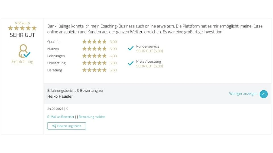 Proven Expert Testimonial Heiko Häusler Kajinga