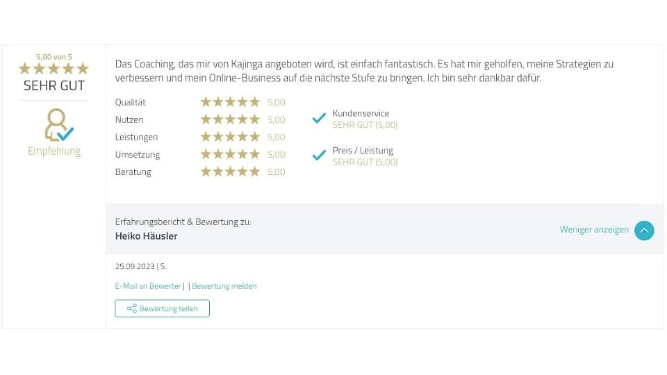 Proven Expert Testimonial Heiko Häusler Kajinga