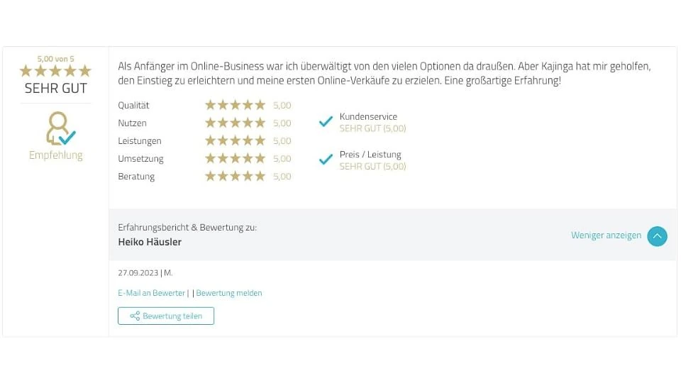 Proven Expert Testimonial Heiko Häusler Kajinga