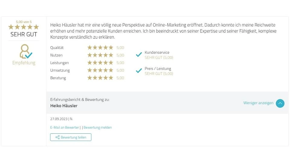 Proven Expert Testimonial Heiko Häusler Kajinga