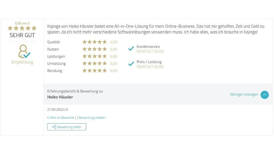 Proven Expert Testimonial Heiko Häusler Kajinga