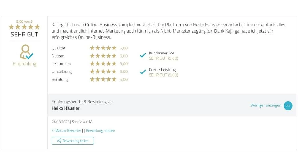 Proven Expert Testimonial Heiko Häusler Kajinga