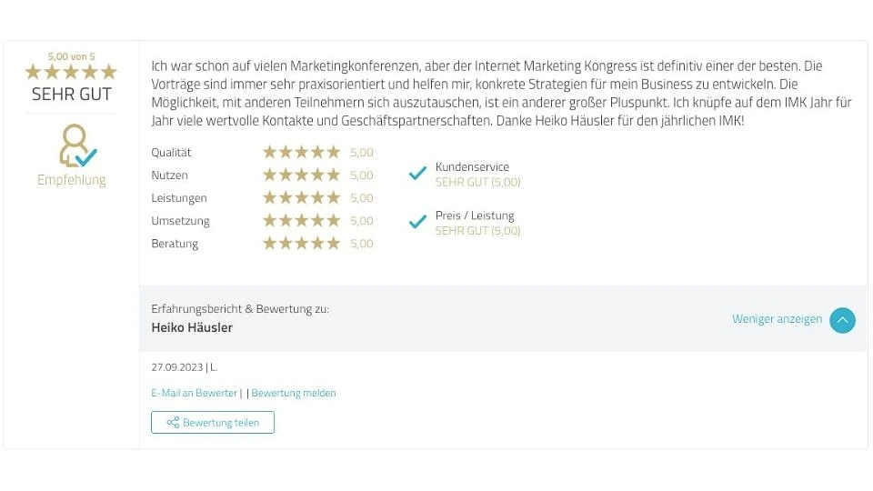 Proven Expert Testimonial Heiko Häusler Kajinga