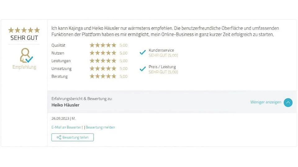 Proven Expert Testimonial Heiko Häusler Kajinga