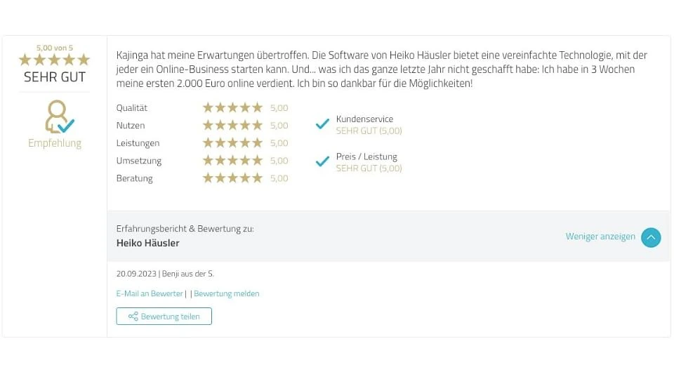 Proven Expert Testimonial Heiko Häusler Kajinga