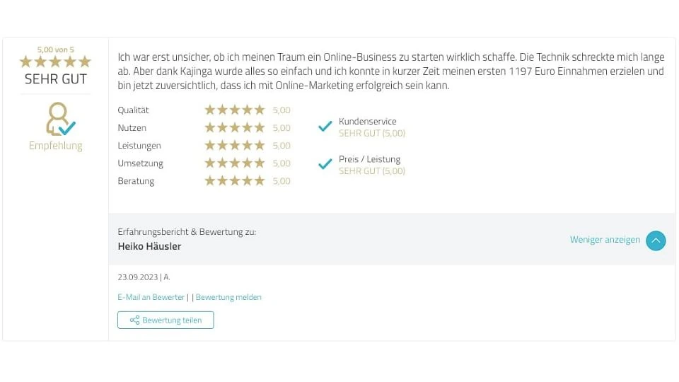 Proven Expert Testimonial Heiko Häusler Kajinga