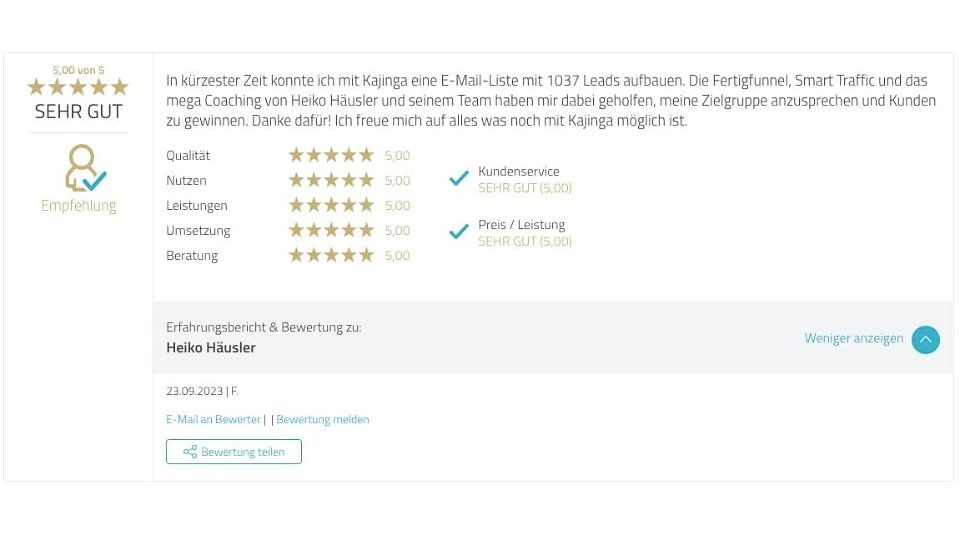 Proven Expert Testimonial Heiko Häusler Kajinga