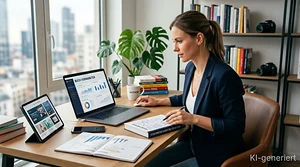 Autorin plant strategische Buchvermarktung am Laptop