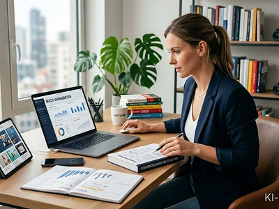 Autorin plant strategische Buchvermarktung am Laptop