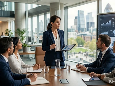 Führungskraft arbeitet konzentriert am Schreibtisch im Büro