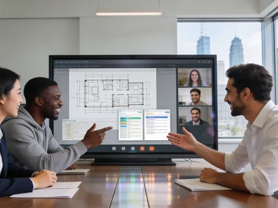 Team im Meeting vor Monitor mit Grundriss und Videokonferenz. Kollaboration im modernen Büro mit Stadtblick.