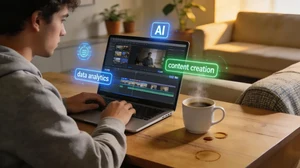 Mann am Laptop mit Hologrammen für KI, Content Creation & Data Analytics. Video-Editing im gemütlichen Homeoffice.
