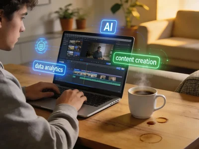 Mann am Laptop mit Hologrammen für KI, Content Creation & Data Analytics. Video-Editing im gemütlichen Homeoffice.
