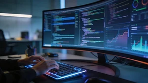 Hände tippen auf leuchtender Tastatur vor großem Curved-Monitor mit Programmiercode und Daten-Charts. Tech-Arbeitsplatz.