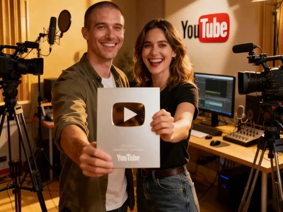 Lachendes Paar hält YouTube Creator Award (Silver Play Button) in die Kamera. Studio-Hintergrund mit Kameras & Mikrofonen.