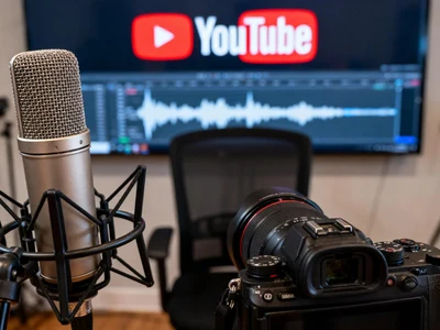 Professionelles Studio-Setup mit Mikrofon, Kamera und YouTube-Logo auf dem Monitor. Symbol für Video-Produktion.