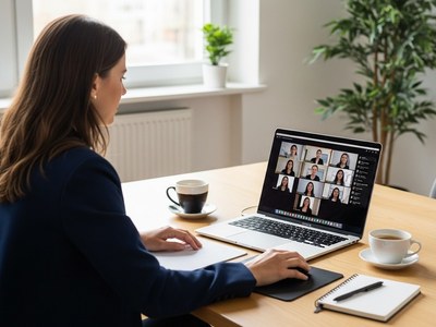 wie-du-dein-erstes-online-business-fuer-anfaenger-startest-Person arbeitet am Laptop an Ihrem Business und nimmt an einer Online-Videokonferenz mit mehreren Teilnehmern teil