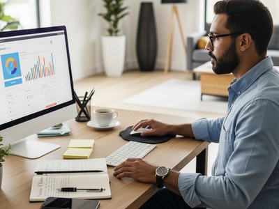 Person arbeitet konzentriert am Laptop und plant den Aufbau eines erfolgreichen Online-Business oder Webinars im digitalen Arbeitsumfeld. Wie du dein erstes Online Business als Anfänger startest