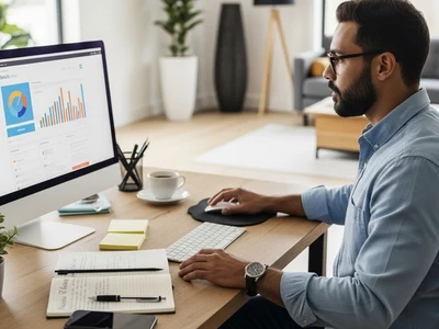 Person arbeitet konzentriert am Laptop und plant den Aufbau eines erfolgreichen Online-Business oder Webinars im digitalen Arbeitsumfeld. Wie du dein erstes Online Business als Anfänger startest