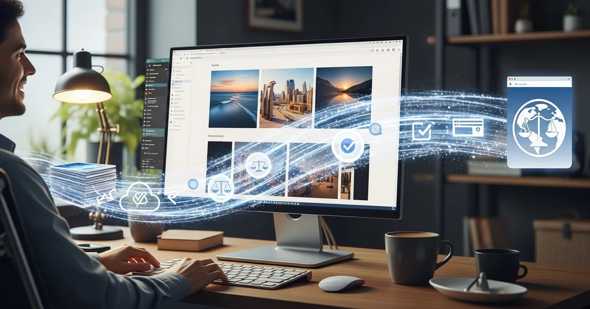 Webdesigner arbeitet am Computer an der Optimierung von Bildern für eine Website mit Fokus auf Performance, Struktur und saubere Darstellung