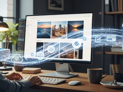 Webdesigner arbeitet am Computer an der Optimierung von Bildern für eine Website mit Fokus auf Performance, Struktur und saubere Darstellung