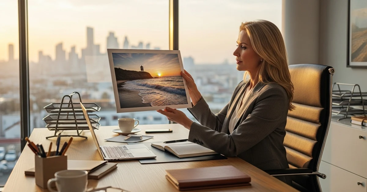 Webdesignerin sitzt am Schreibtisch und bearbeitet ein Bild am Monitor, um Website-Bilder professionell und performant aufzubereiten