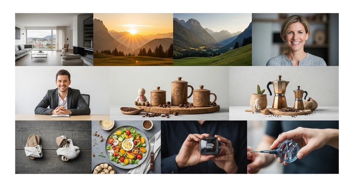 Bildcollage mit Landschaften, Essen, Lifestyle und Technik als Beispiele für vielseitige Bilder auf Webseiten und in digitalen Projekten