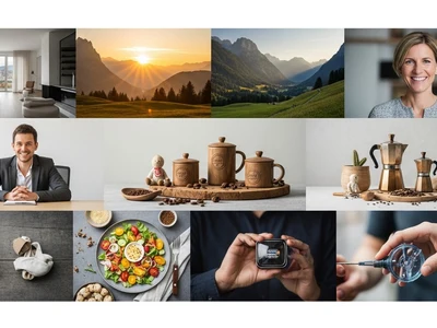 Bildcollage mit Landschaften, Essen, Lifestyle und Technik als Beispiele für vielseitige Bilder auf Webseiten und in digitalen Projekten