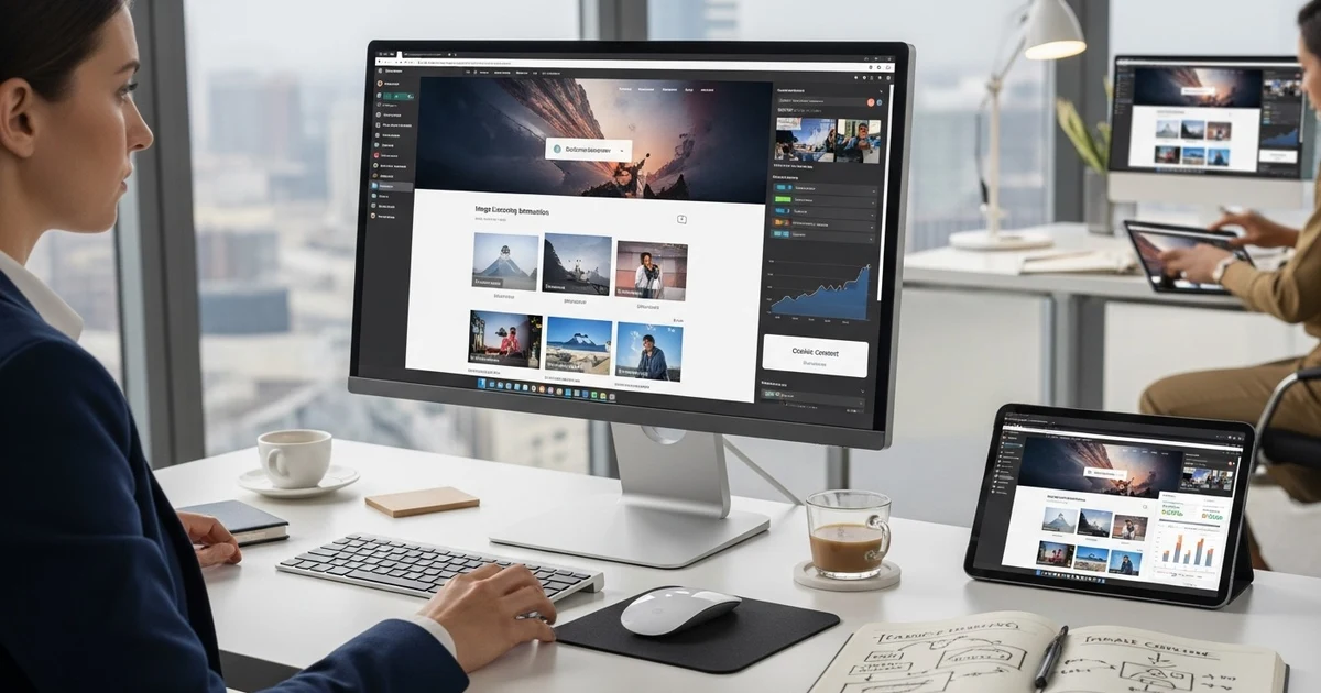 Webdesigner arbeitet am Desktop-PC an der Optimierung von Website-Bildern mit Fokus auf Performance, Struktur und rechtssichere Nutzung