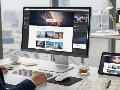 Webdesigner arbeitet am Desktop-PC an der Optimierung von Website-Bildern mit Fokus auf Performance, Struktur und rechtssichere Nutzung