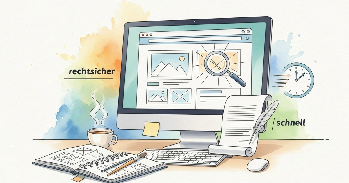 Illustration eines Schreibtischs mit Monitor, auf dem Bilder für eine Website optimiert werden, inklusive Checkliste und Analyse-Icons für rechtssichere Webbilder