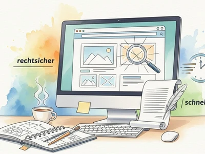 Illustration eines Schreibtischs mit Monitor, auf dem Bilder für eine Website optimiert werden, inklusive Checkliste und Analyse-Icons für rechtssichere Webbilder