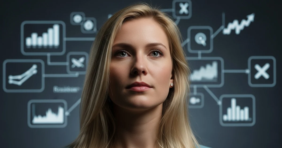 Porträt einer Webdesignerin vor digitalen Symbolen und Interfaces als Sinnbild für moderne Bildnutzung, Technik und digitales Arbeiten