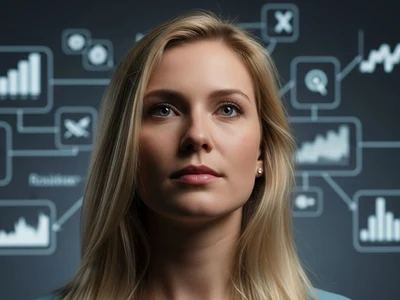 Porträt einer Webdesignerin vor digitalen Symbolen und Interfaces als Sinnbild für moderne Bildnutzung, Technik und digitales Arbeiten