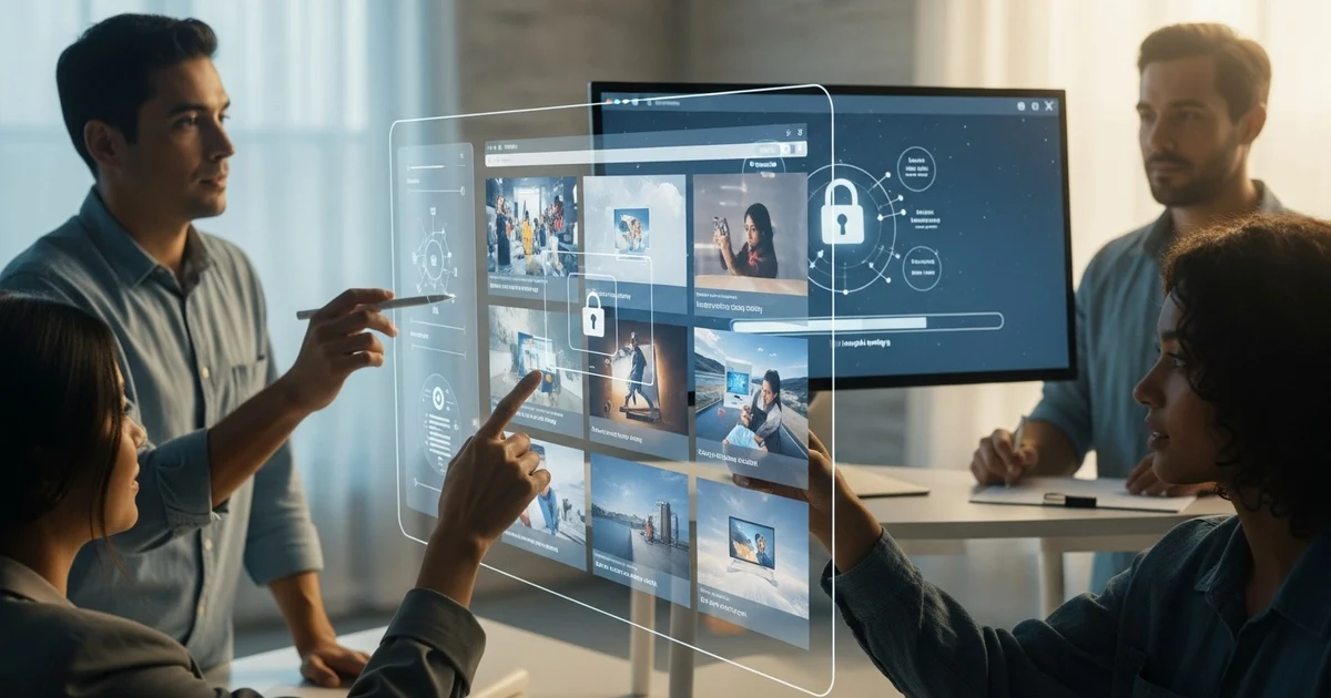 Bild zum Artikel: Fortgeschrittene Bilderstrategien für Webseiten: Person bedient eine transparente digitale Oberfläche mit Bildern, Sicherheits-Symbolen und Datenanzeigen zur modernen Content- und Bildverwaltung