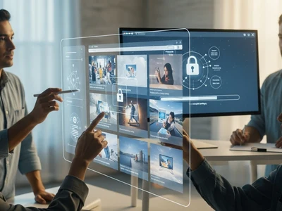 Bild zum Artikel: Fortgeschrittene Bilderstrategien für Webseiten: Person bedient eine transparente digitale Oberfläche mit Bildern, Sicherheits-Symbolen und Datenanzeigen zur modernen Content- und Bildverwaltung