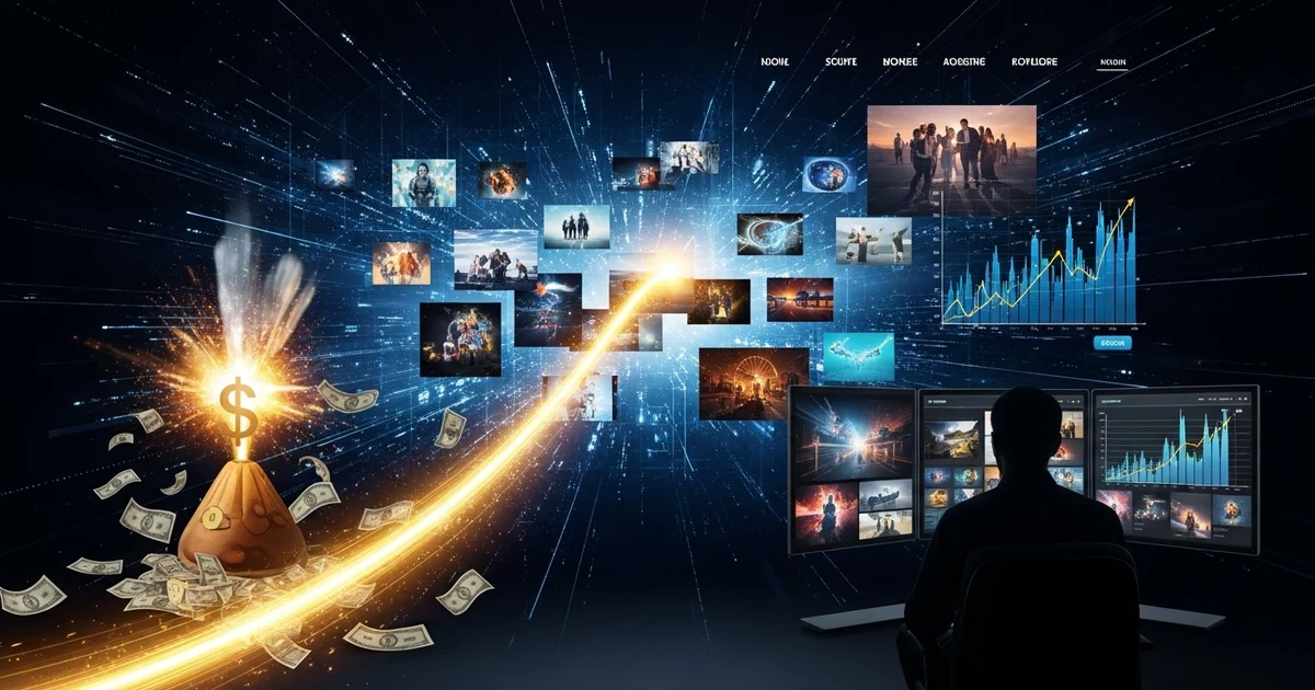 Illustration für Fortgeschrittene Strategien für Bilder auf Webseiten: So machst du deine Kunden: Digitale Bildlandschaft mit vielen vernetzten Screens und Lichtspur als Symbol für moderne Bildverarbeitung, Datenfluss und digitale Inhalte