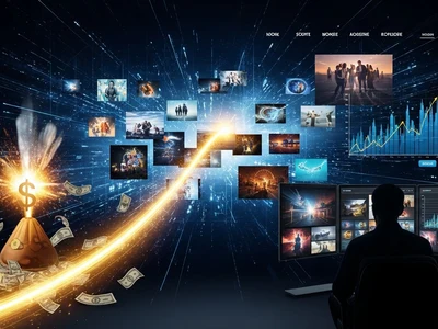 Illustration für Fortgeschrittene Strategien für Bilder auf Webseiten: So machst du deine Kunden: Digitale Bildlandschaft mit vielen vernetzten Screens und Lichtspur als Symbol für moderne Bildverarbeitung, Datenfluss und digitale Inhalte