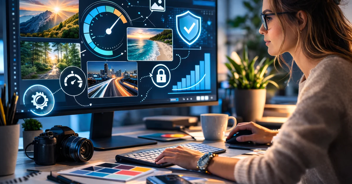 Webdesignerin optimiert Bilder auf einem großen Monitor mit Analyse-Tools, Performance-Anzeigen und Sicherheits-Symbolen für SEO, Ladezeit und rechtssichere Bildnutzung