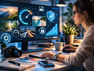 Webdesignerin optimiert Bilder auf einem großen Monitor mit Analyse-Tools, Performance-Anzeigen und Sicherheits-Symbolen für SEO, Ladezeit und rechtssichere Bildnutzung