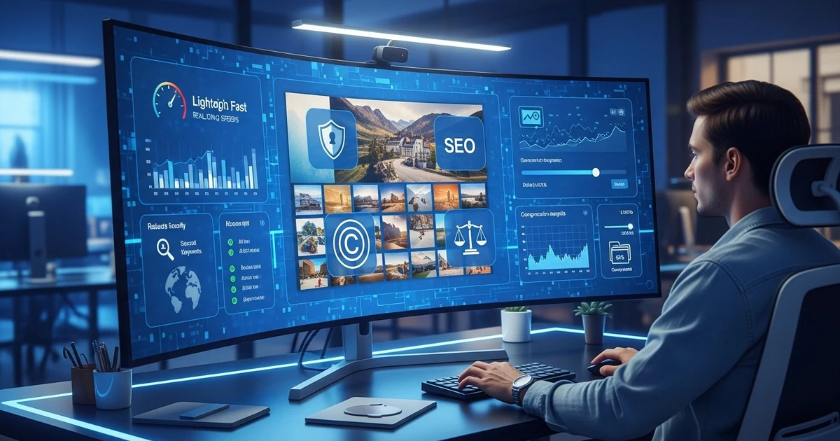 Webdesigneri optimiert Bilder auf einem großen Monitor mit Analyse-Bild zum Artikel: Fortgeschrittene Bilderstrategien für Webseiten: Tools für SEO, Ladegeschwindigkeit, Bildkompression und sichere Bildnutzung auf Webseiten