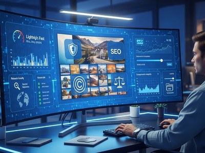 Webdesigneri optimiert Bilder auf einem großen Monitor mit Analyse-Bild zum Artikel: Fortgeschrittene Bilderstrategien für Webseiten: Tools für SEO, Ladegeschwindigkeit, Bildkompression und sichere Bildnutzung auf Webseiten