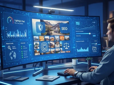 Webdesigneri optimiert Bilder auf einem großen Monitor mit Analyse-Bild zum Artikel: Fortgeschrittene Bilderstrategien für Webseiten: Tools für SEO, Ladegeschwindigkeit, Bildkompression und sichere Bildnutzung auf Webseiten