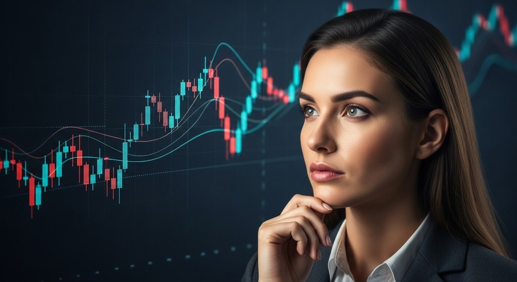 Eine junge Frau mit nachdenklichem Blick schaut konzentriert zur Seite, im Hintergrund ist ein großer Bildschirm mit einem dynamischen Börsenchart zu sehen. Die Darstellung zeigt Kursbewegungen, Candlesticks und Trendlinien. Die Szene symbolisiert Analyse, Strategie und professionellen Umgang mit Affiliate Marketing und Investments.