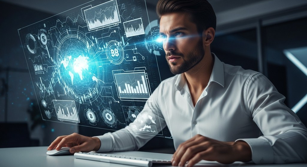 Ein junger Mann mit modernem Erscheinungsbild sitzt konzentriert an einem Arbeitsplatz, umgeben von holografischen Datenvisualisierungen und digitalen Diagrammen. Vor seinen Augen projizieren sich leuchtende Grafiken, die futuristische Benutzeroberflächen und KI-gestützte Analysen zeigen. Die Szene wirkt technologisch fortschrittlich und symbolisiert den Einsatz künstlicher Intelligenz, Big Data und automatisierter Entscheidungsprozesse.