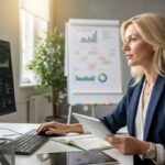 Eine blonde Frau im Business-Outfit sitzt konzentriert an einem Schreibtisch in einem modernen Büro. Vor ihr stehen zwei Bildschirme mit Datenvisualisierungen, Diagrammen und Finanzkennzahlen. In der Hand hält sie ein Tablet, auf dem weitere Informationen sichtbar sind. Im Hintergrund ist ein Flipchart mit bunten Diagrammen zu sehen. Die Szene vermittelt Professionalität, Datenkompetenz und strategische Planung im Geschäftsalltag. Wenn du möchtest, passe ich Text und Stil gern für einen spezifischen Kontext an – z. B. Finanzen, Marketing, Leadership oder Consulting. Sag einfach Bescheid!