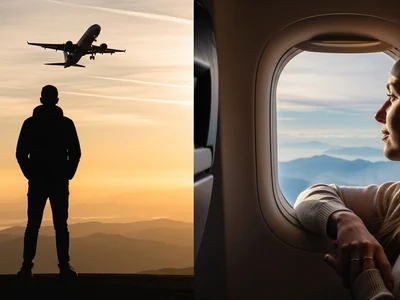 Person steht am Flughafen und blickt zu einem startenden Flugzeug, daneben Blick aus dem Flugzeugfenster auf Landschaft und Himmel während des Flugs