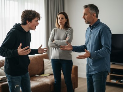 Erstelle mir ein Bild zu dem folgenden Thema detailgetreu: Wie du die Pubertät richtig begleitest. Sohn ist aufgebracht und Diskutiert mit seiner Mutter und seinem Vater